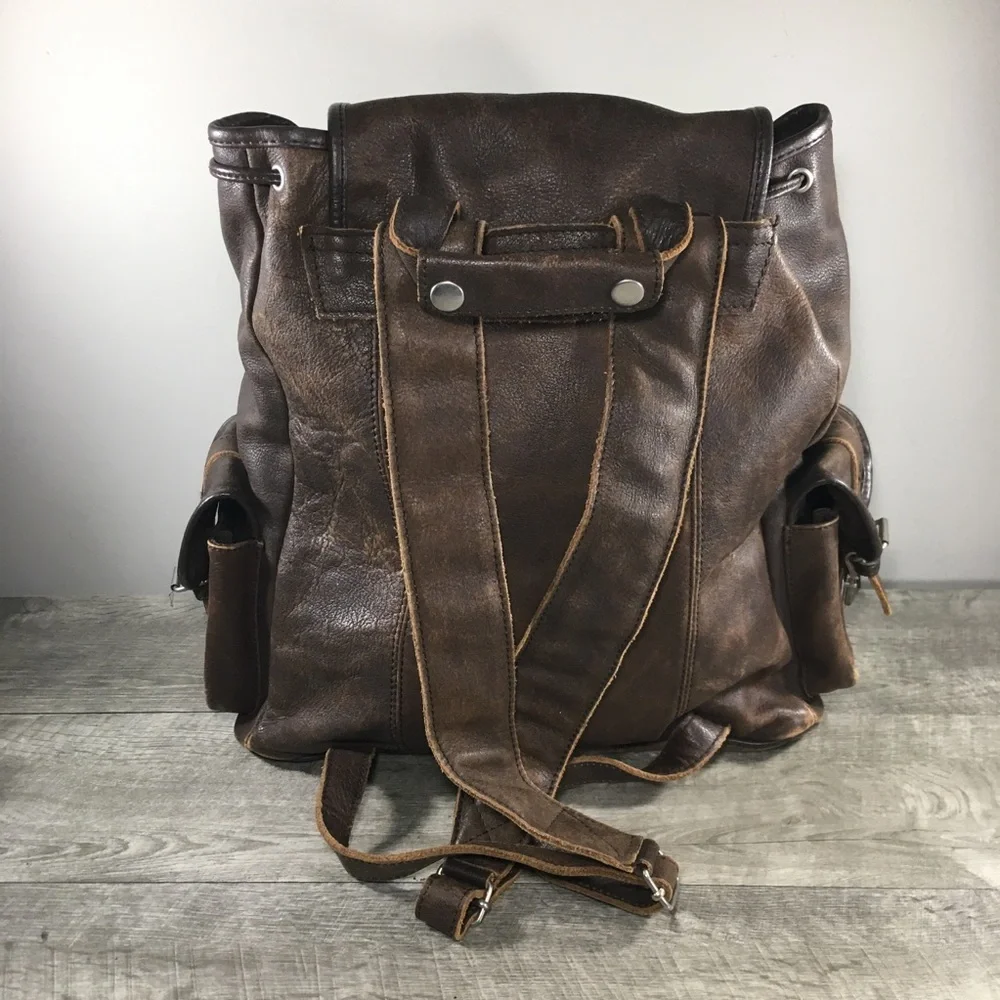 Vintage Brown Leather Book Pack Camping School Day Knapsack Backpack Rucksack